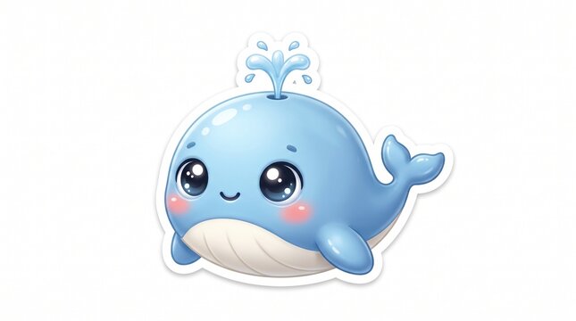 Cute blue whale sticker illustration with water spray