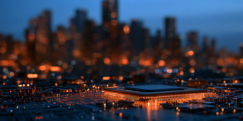 Obraz premium Next-generation processor chip concept with glowing city skyline background