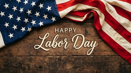 Fototapeta premium A beautiful labor day greeting featuring the stars and stripes of an american flag over aged wood for patriotic festivities