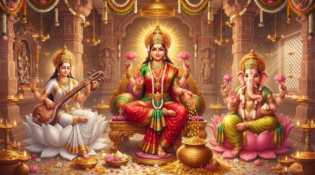 
Goddess Lakshmi Saraswati and Lord Ganesha on Lotus for Diwali Lakshmi Puja Festival
