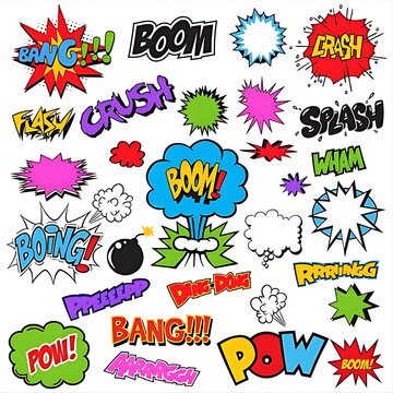 Mega set of comic book sound effects and blank speech bubbles