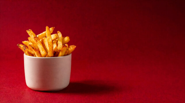 Crispy golden french fries in a white cup, served as a classic side dish against a deep red background.