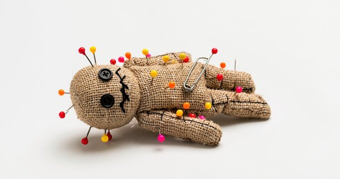 Voodoo doll made of burlap with colorful pins