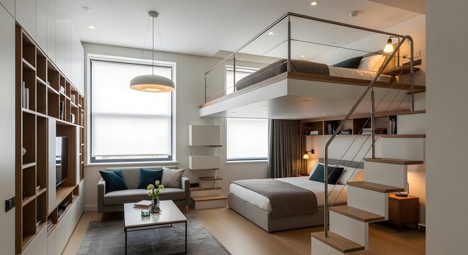 Loft bed with living area below, modern duplex apartment interior design