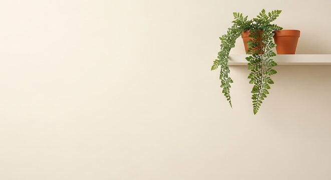 Minimalist Zoom Virtual Background - Cream Wall with Floating Shelf and Trailing Green Fern Plant in Terracotta Pots for Video Call, Meeting, WFH Workspace & Clean Presentation Backdrop