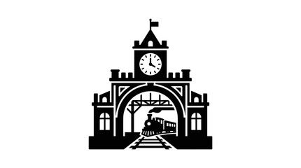 Fototapeta premium Vintage Train Station Archway with Clock Tower and Steam Train.