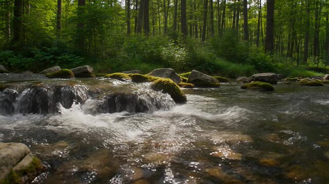 Fast flowing river over moss-covered rocks in forest water