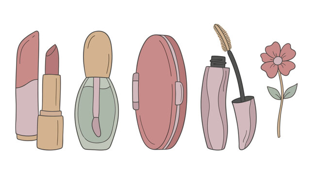 Boho makeup cosmetics set, hand drawn beauty products, 5 vector icons for beauty blog.