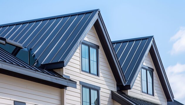 Modern roof design featuring sleek metal angles with large windows and blue sky backdrop enhancing architectural beauty