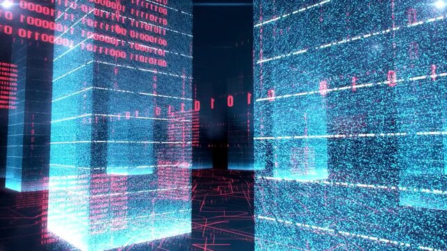 Abstract digital data visualization with moving glowing blue pillars and red binary code streams flowing in dark virtual cyberspace environment motion background.