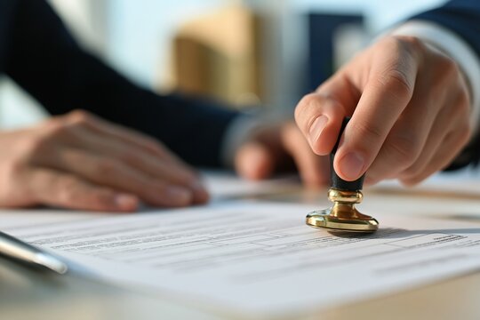 Business person stamping official document on desk