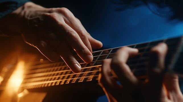 Musician hands playing electric guitar under warm stage