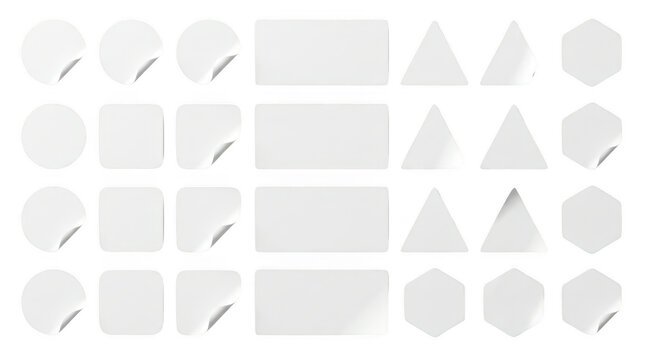 Collection of blank white adhesive stickers in various shapes isolated on transparent background