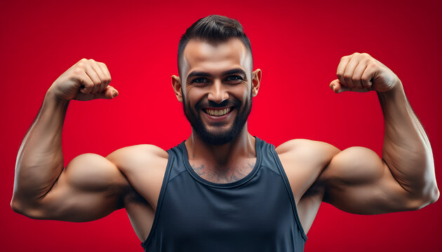 Muscular man flexing biceps and smiling on a vibrant red background
