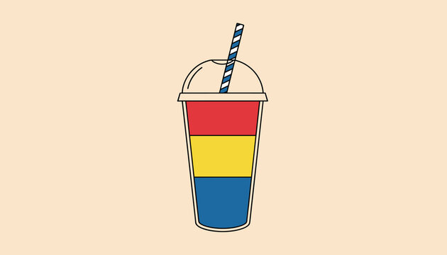 Tri-color layered ice slushie in a plastic cup with a dome lid and striped straw on a peach background.
