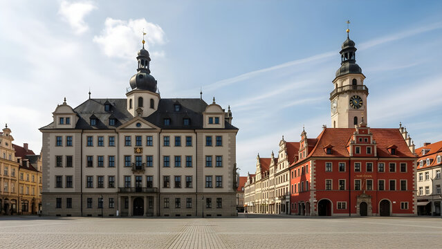 Historical German town square featuring the grand administrative building and the vibrant red clock tower under a clear blue sky in Zittau