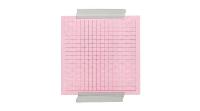 Pink square graph paper note attached with silver masking tape isolated on transparent background