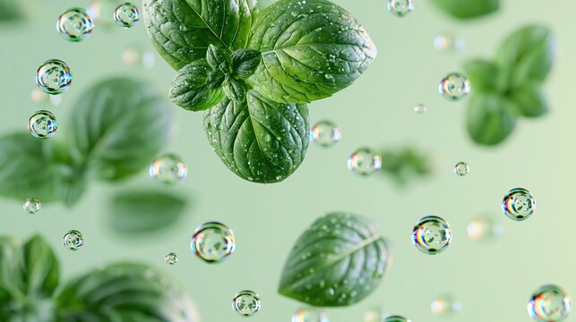 Fresh green mint leaves floating with water bubbles
