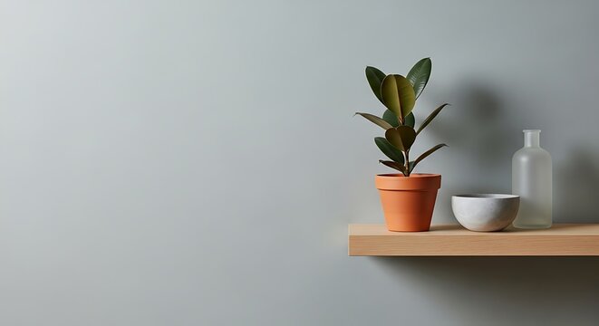 Minimalist Zoom Virtual Background - Light Grey Wall with Floating Wooden Shelf, Potted Rubber Plant, Ceramic Bowl and Glass Bottle for Video Conference, Online Meeting, WFH, Copy Space Backdrop