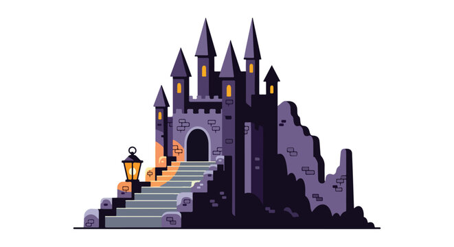 Illustration of a spooky gothic castle with stone stairs and lantern.