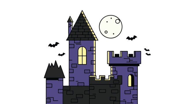 Illustration of a spooky haunted castle at night with full moon and flying bats.