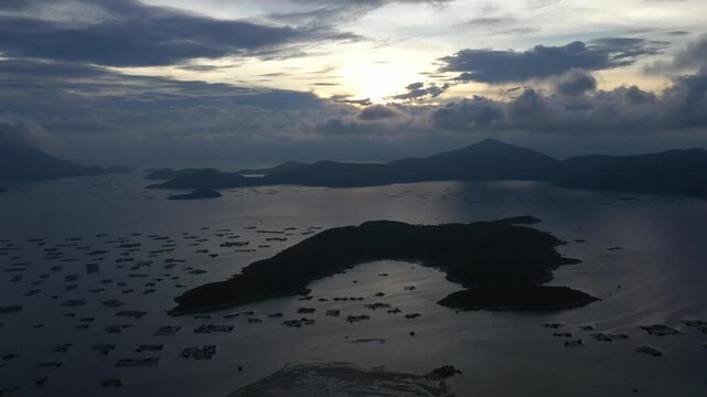Aerial view of Van Phong Bay, Hon Ong Island and the route to Son Dung Beach in Dai Lanh Commune, Khanh Hoa, Vietnam, showcasing pristine islands, turquoise waters and coastal scenery.