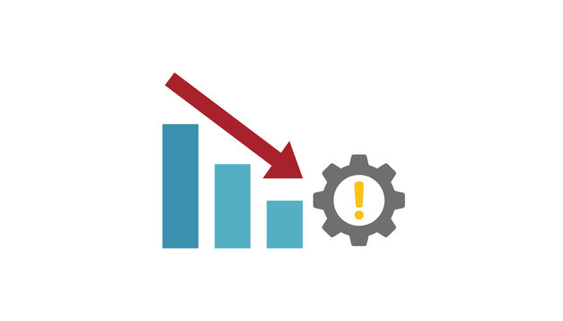 Financial declination and operational failure chart with a downward red arrow and warning exclamation in a cogwheel.