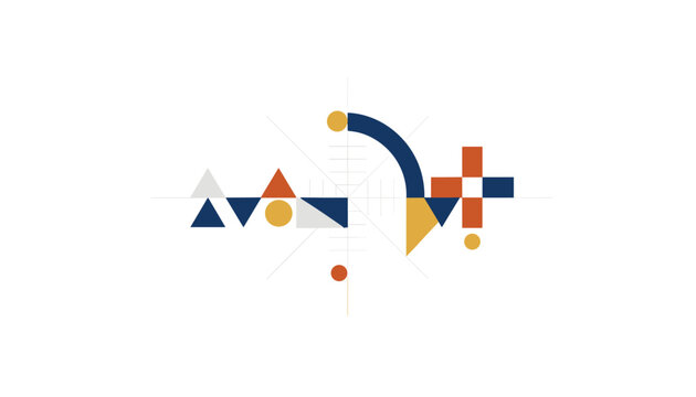 Abstract mid century modern geometric composition featuring triangles, circles, and curves in a clean balanced design.