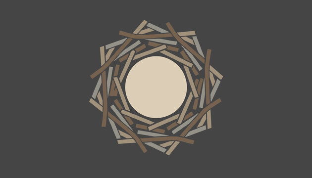 Beautiful stylized vector illustration of a bird nest made of wooden sticks with a large beige egg in the center.