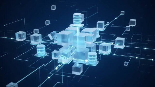 3D render animation of digital cubes connecting in a network. Visuals representing blockchain technology and decentralized systems. Concepts for IT marketing in abstract glowing style.