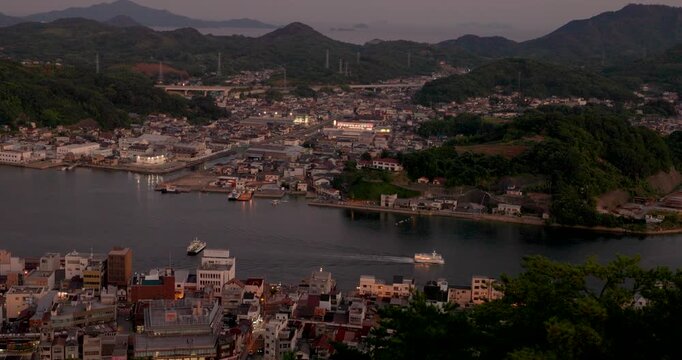 Elevated View of Onomichi Harbor and Coastal City, Hiroshima, Japan