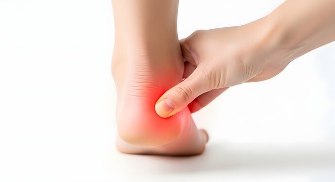 Person Pressing Painful Heel Area to Illustrate Plantar Fasciitis Symptoms and Foot Inflammation