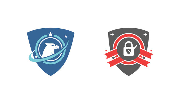 Security shield logos featuring an eagle head profile and a lock with red ribbons representing safety and premium defense.