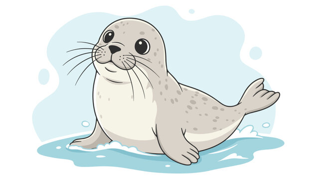 Adorable cartoon baby seal with big eyes smiling in the cold blue arctic water shown in a friendly vector style.