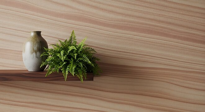 Modern Wood Wall Zoom Virtual Background - Minimalist Interior with Floating Shelf, Ceramic Vase and Green Fern Plant for Video Call, Meeting, Teams, Copy Space Backdrop