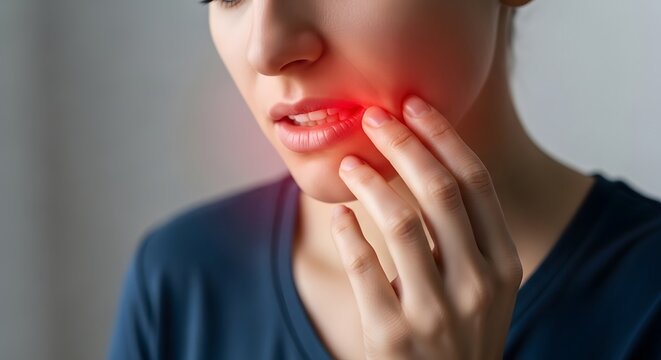 Person Touching Painful Tooth and Cheek with Red Highlight Showing Toothache and Dental Pain