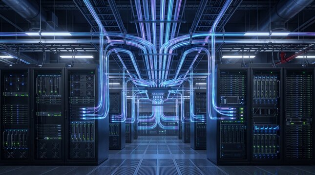 Futuristic data center with server racks, glowing optical cables, and a technician, representing photonic computing, high-speed data transmission, cloud infrastructure, and advanced technology.