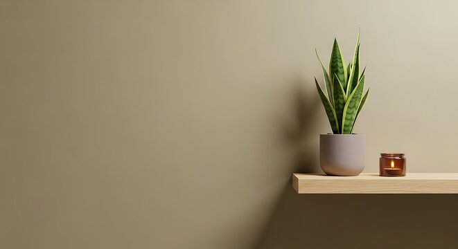 Minimalist Zoom Virtual Background - Sage Green Wall with Potted Snake Plant and Candle on Wooden Shelf for Video Call, Office Meeting, Teams, Google Meet, Clean Cozy Interior Decor, Copy Space