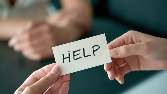 A hand extends a card with the word help written on it to another person.