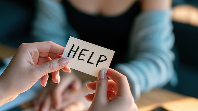 Person requesting assistance by holding a card with the word HELP.