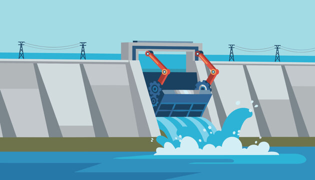 Renewable green energy concept showing hydroelectric dam with open gate releasing water flow vector illustration.