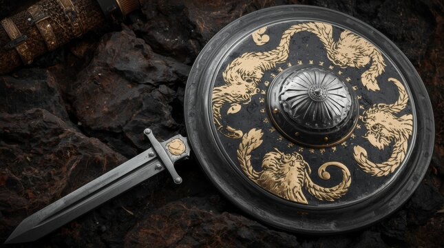 Ancient ornate shield and sword set with golden animal motifs on dark background