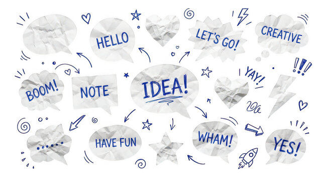 Collection of hand-drawn speech bubbles and doodle icons isolated on transparent background