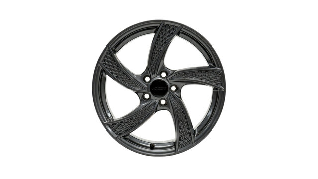 Dark gray five spoke alloy car wheel rim with textured pattern details isolated on a transparent background