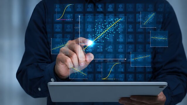 Customer data analytics. Regression analysis to identify factors influencing purchasing behavior and customer retention. Business analyst tapping graphs and marketing data on digital tablet.