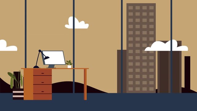 Minimalistic office interior with desk and city skyline view featuring animated clouds and workplace scene.