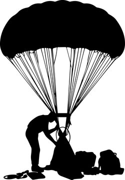Black Silhouette of a Paratrooper Handling a Parachute and Equipment after Landing Vector Illustration