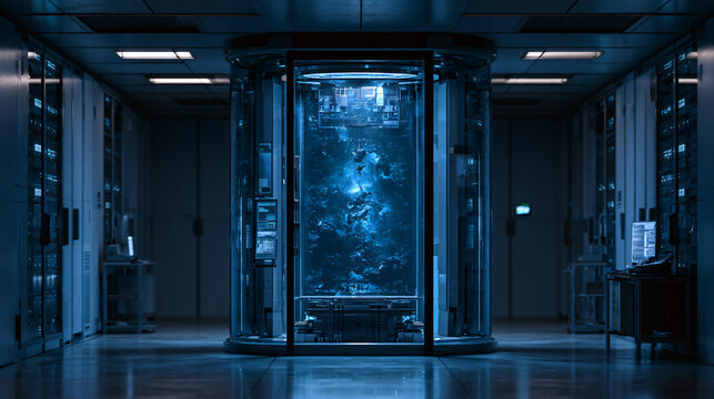Futuristic Quantum Computing Laboratory Interior View With Glowing Storage Core