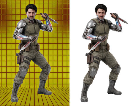 Apex Recon Infiltrator Dual Wielding Combat Knives, 3D Male Character Design Split View Asset with Gold Neon Grid and Transparent Background