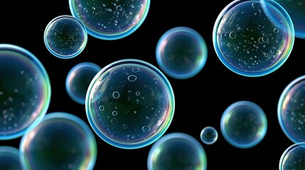 Obraz premium Colorful iridescent soap bubbles floating against black background
